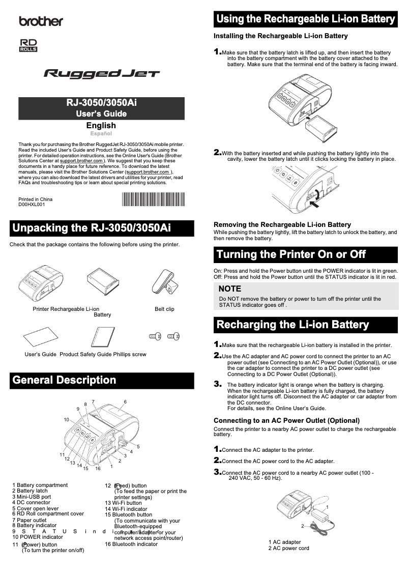 Page 1 de la notice Manuel utilisateur Brother RJ-3050Ai