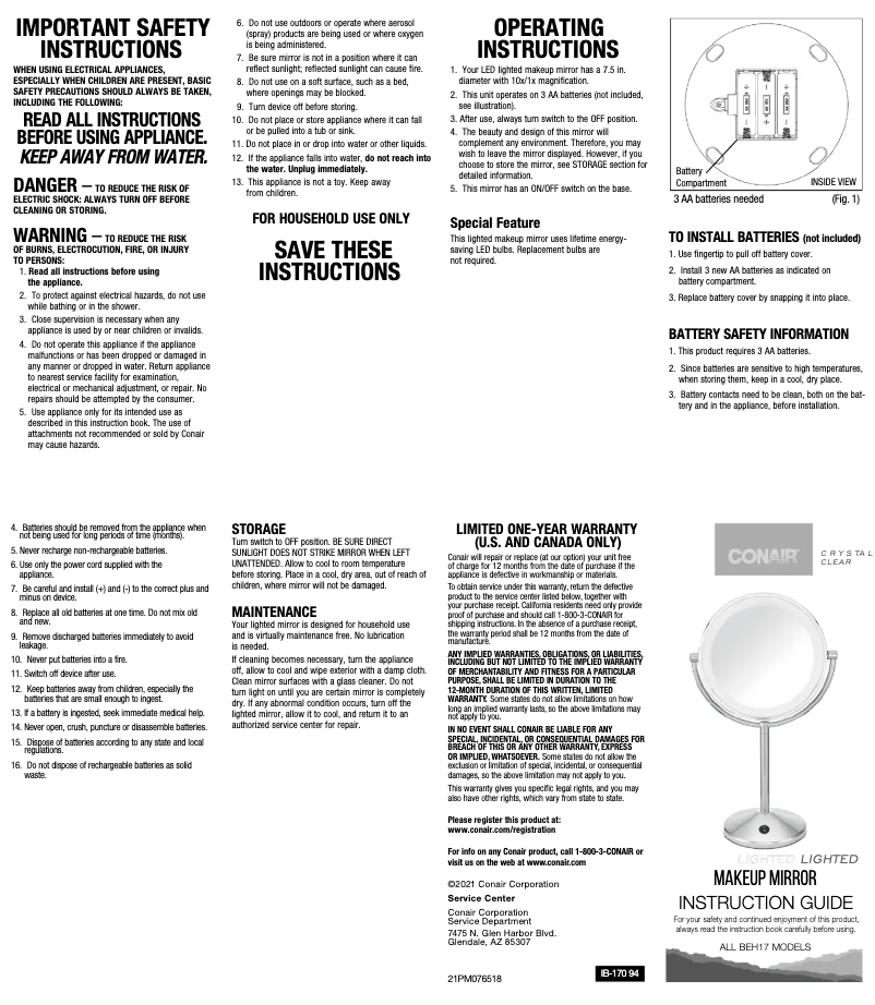 Page 1 de la notice Manuel utilisateur Conair Crystal Clear BEH17RGXR