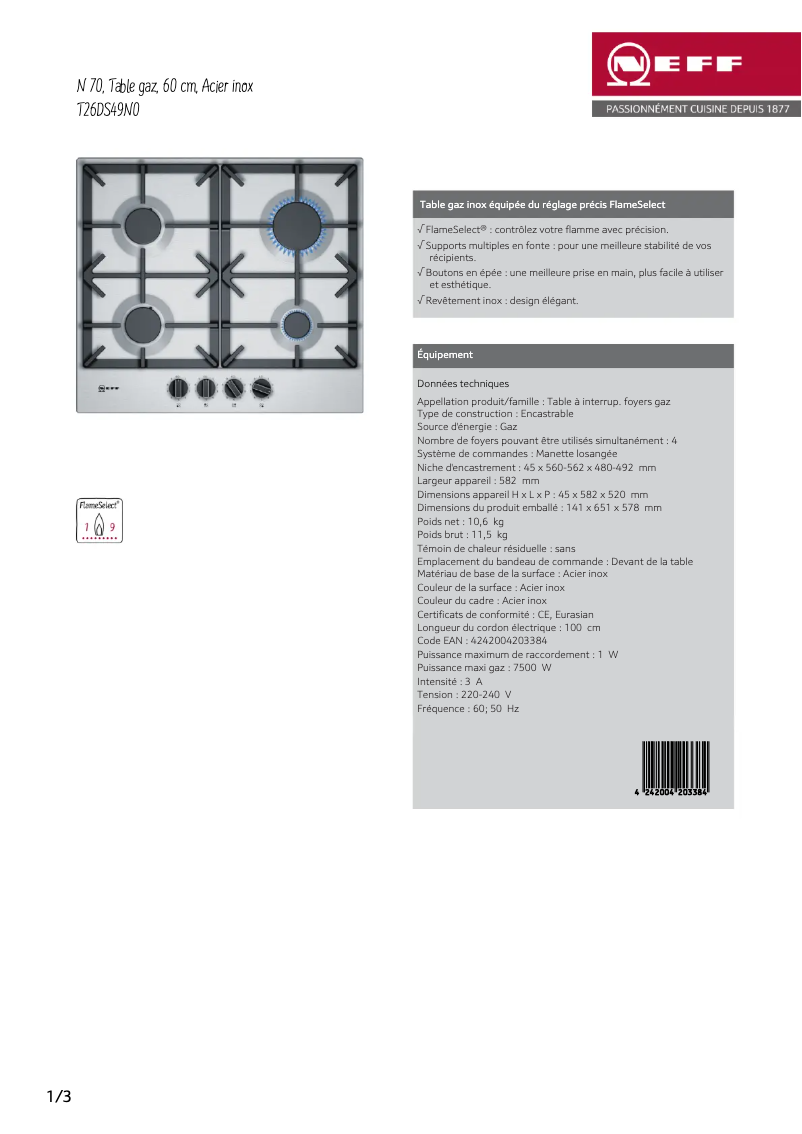 Page n°1 - Fiche technique Neff T26DS49N0