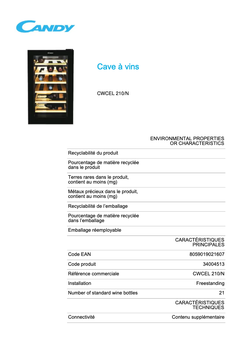 Page n°1 - Fiche technique Candy CWCEL 210