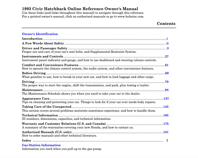 Image de la première page du manuel de l'appareil Civic Hatchback (1993)