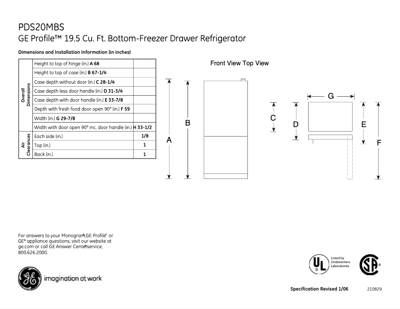 Page 1 de la notice Fiche technique GE PDS20MBSBB