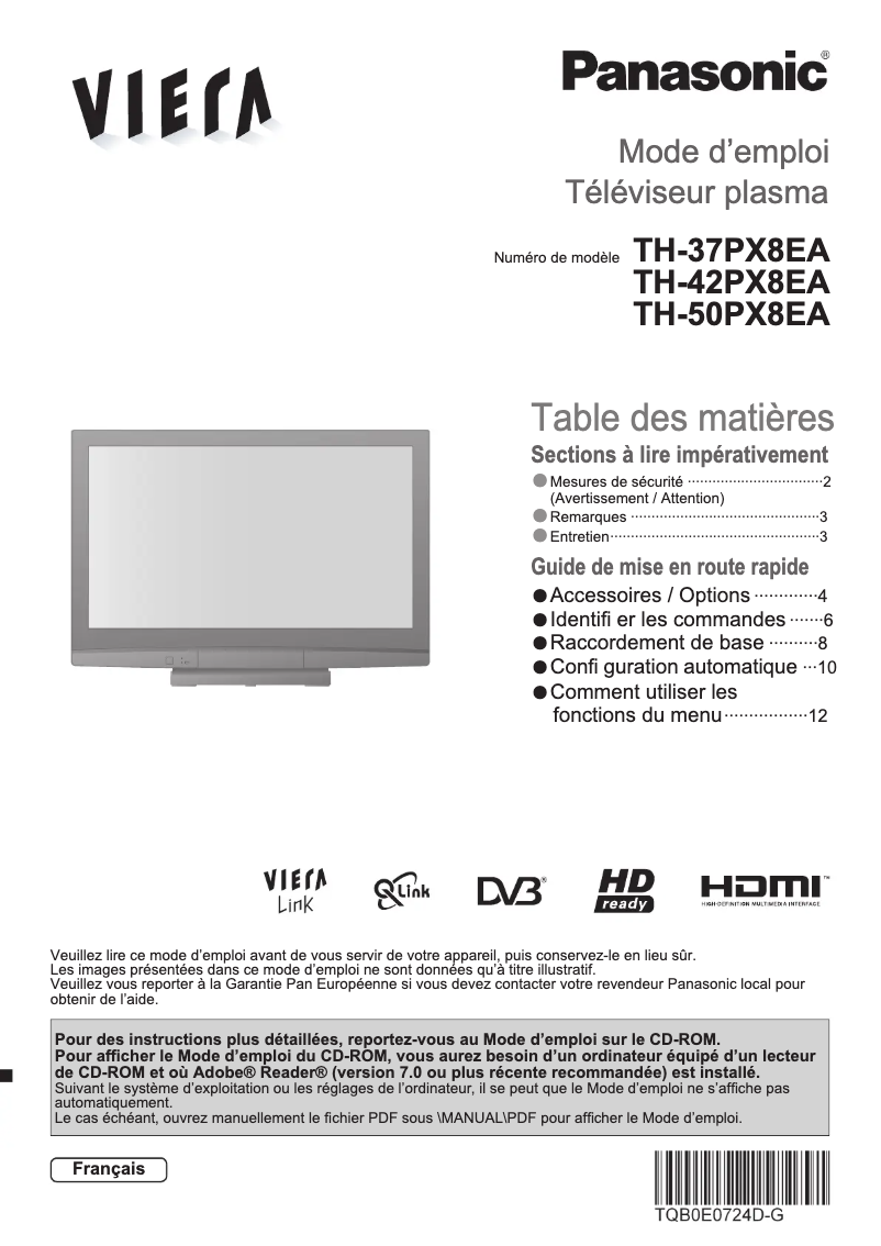 Page 1 de la notice Manuel utilisateur Panasonic Viera TH-37PX8EA