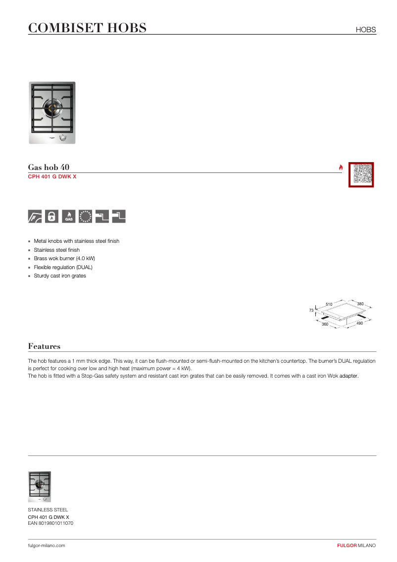 Page n°1 - Fiche technique Fulgor Milano CPH 401 G DWK X