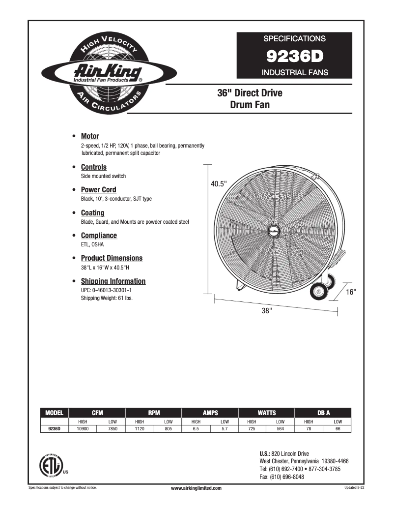 Page 1 de la notice Fiche technique Air King 9236D