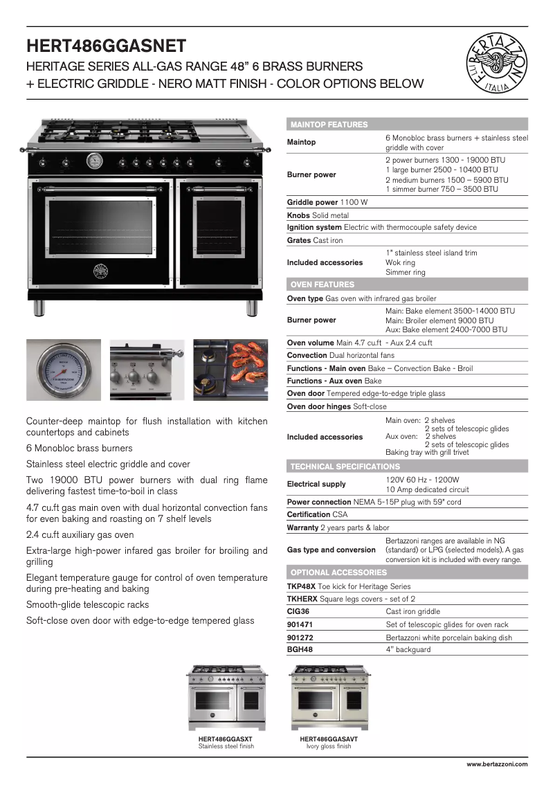 Page 1 de la notice Fiche technique Bertazzoni HERT486GGASAVT