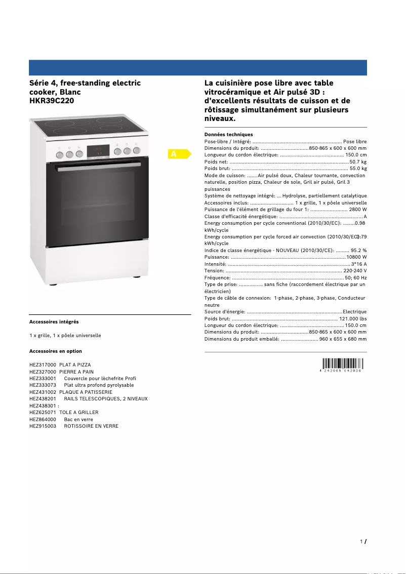 Page 1 de la notice Fiche technique Bosch HKR39C220