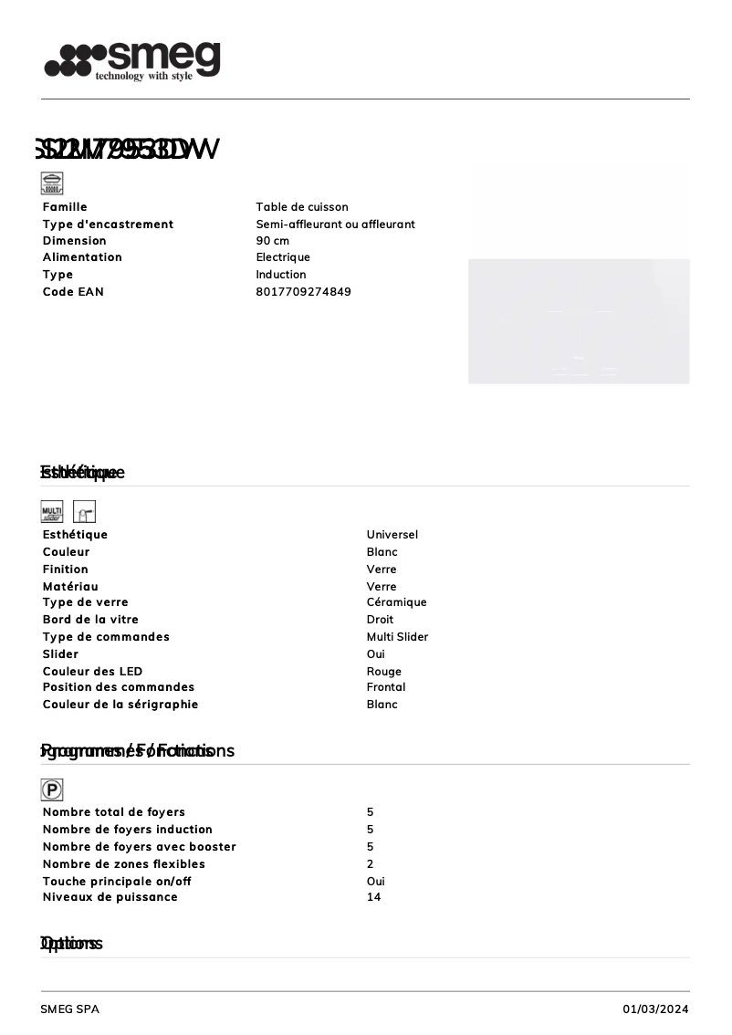 Page n°1 - Fiche technique Smeg SI2M7953DW