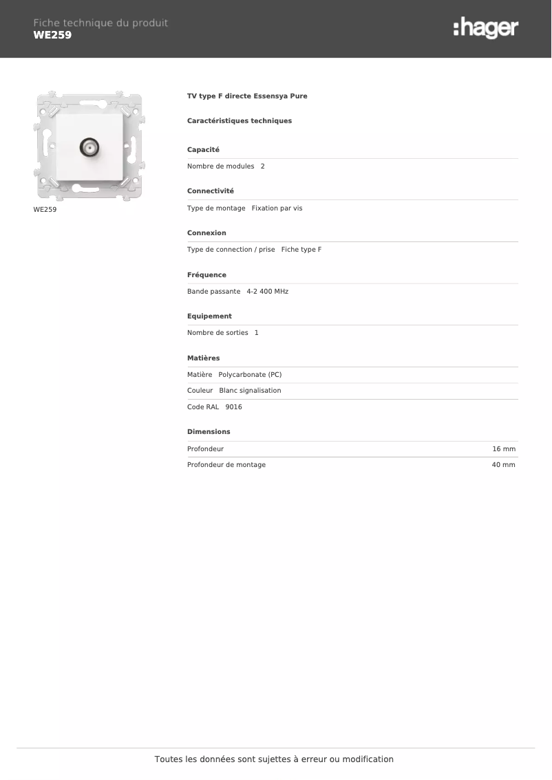 Page n°1 - Fiche technique Hager WE259