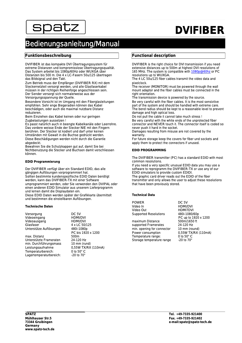 Page n°1 - Manuel utilisateur Spatz DVIFIBER