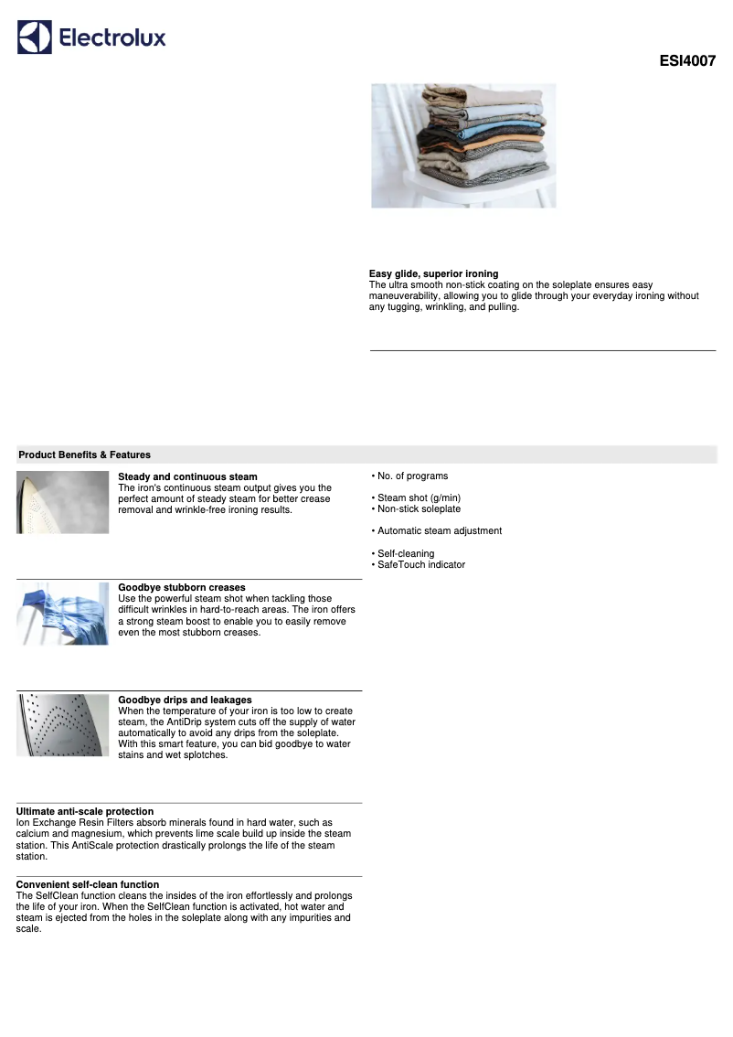 Page 1 de la notice Fiche technique Electrolux EasyLine ESI4007