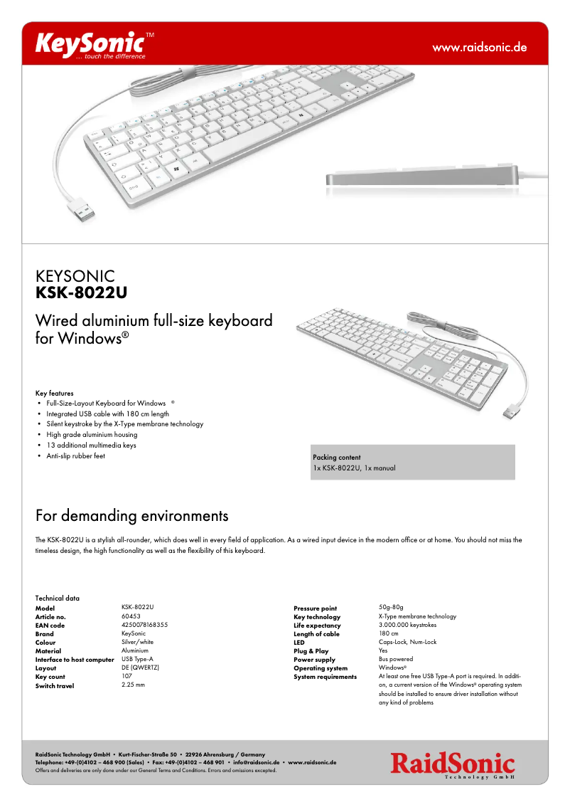 Page 1 de la notice Fiche technique KeySonic KSK-8022U