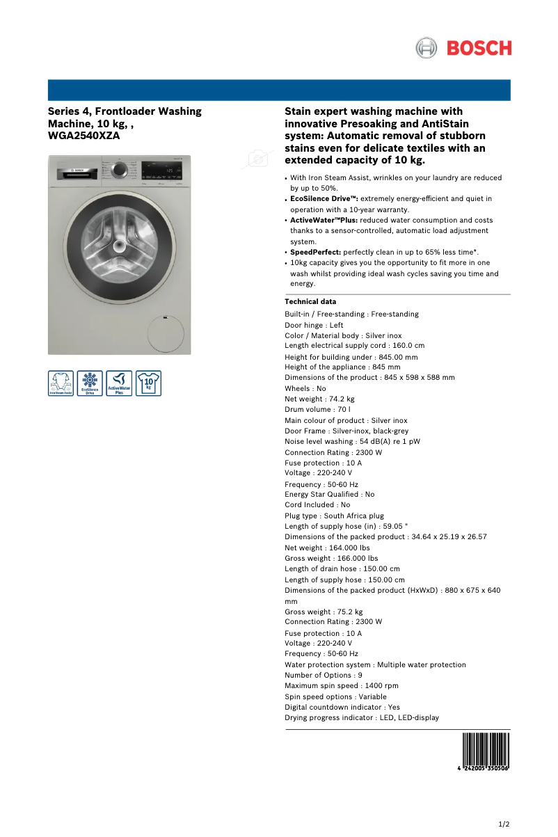 Page n°1 - Fiche technique Bosch WGA2540XZA