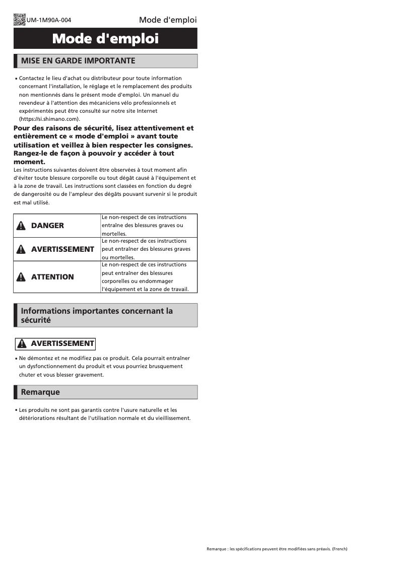 Page 1 de la notice Manuel utilisateur Shimano CS-HG300-9