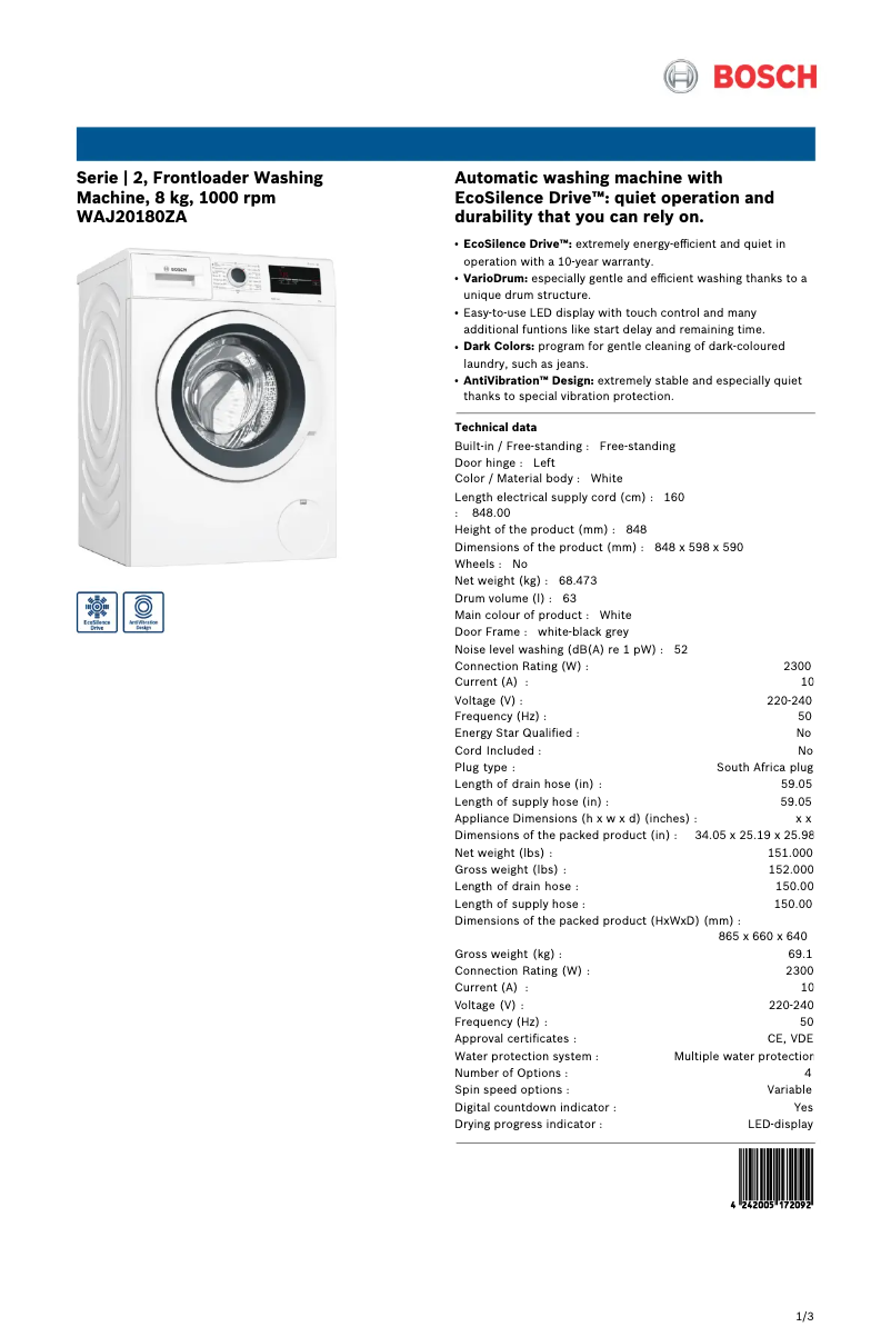Page 1 of the manual Technical Sheet Bosch WAJ20180ZA