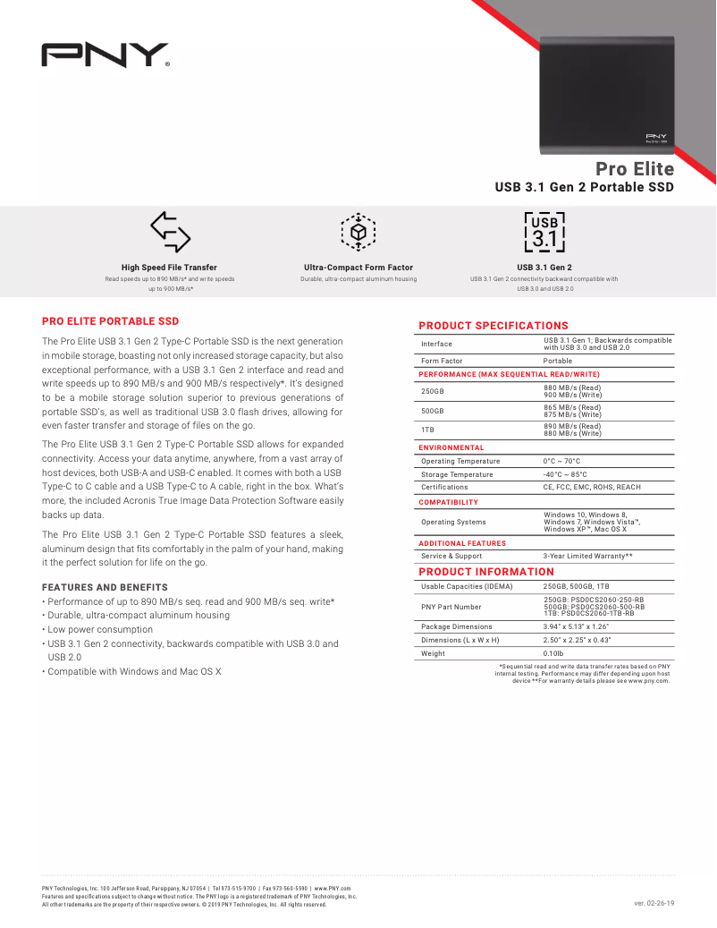 Page 1 de la notice Manuel utilisateur PNY Pro Elite