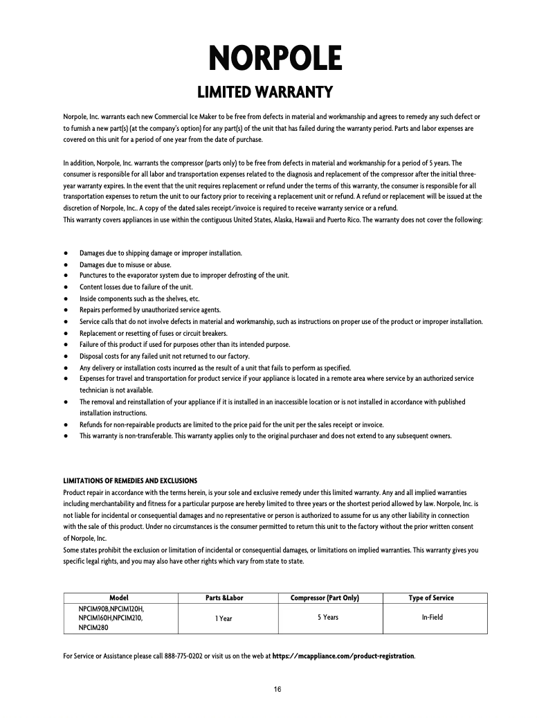 Página 1 del manual Información de garantía Norpole NPCIM160H