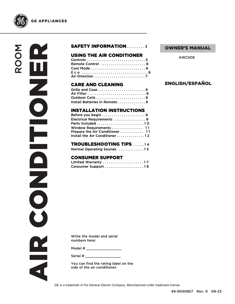 Page 1 de la notice Manuel utilisateur GE AWCS06