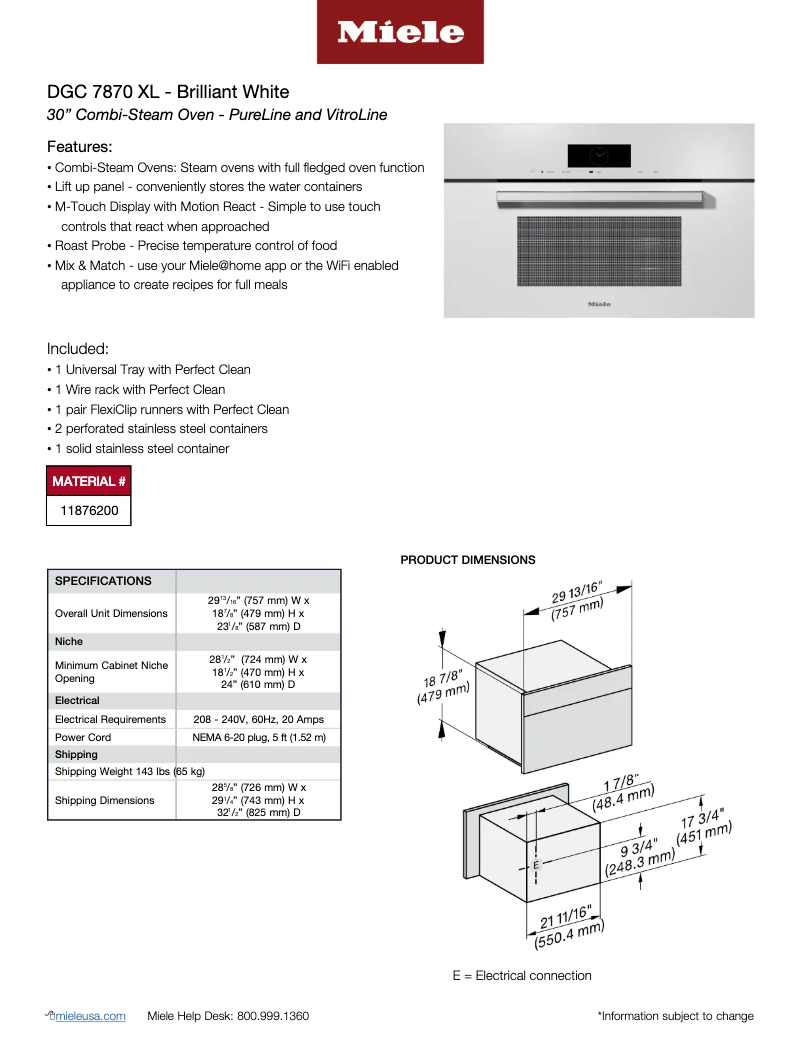 Page 1 de la notice Fiche technique Miele DGC 7870 BRWS XL