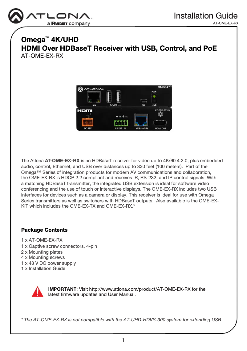 Page 1 de la notice Guide d'installation Atlona AT-OME-EX-WP-KIT