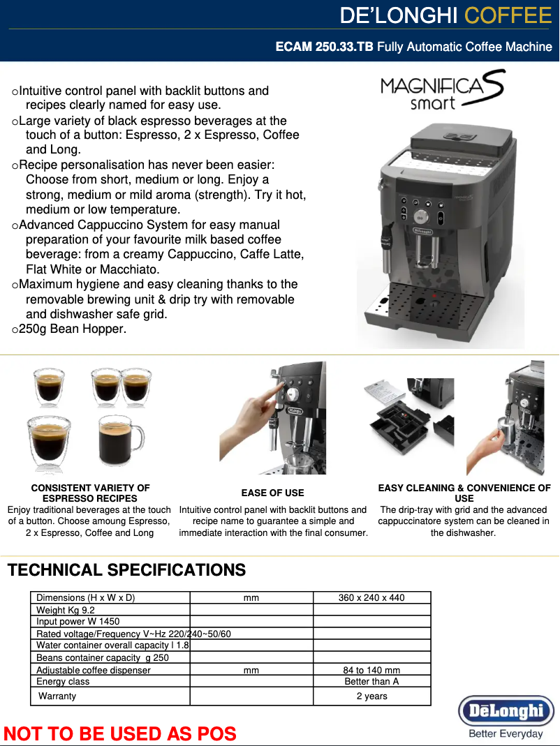 Page n°1 - Fiche technique DeLonghi Magnifica S Smart ECAM250.33.TB