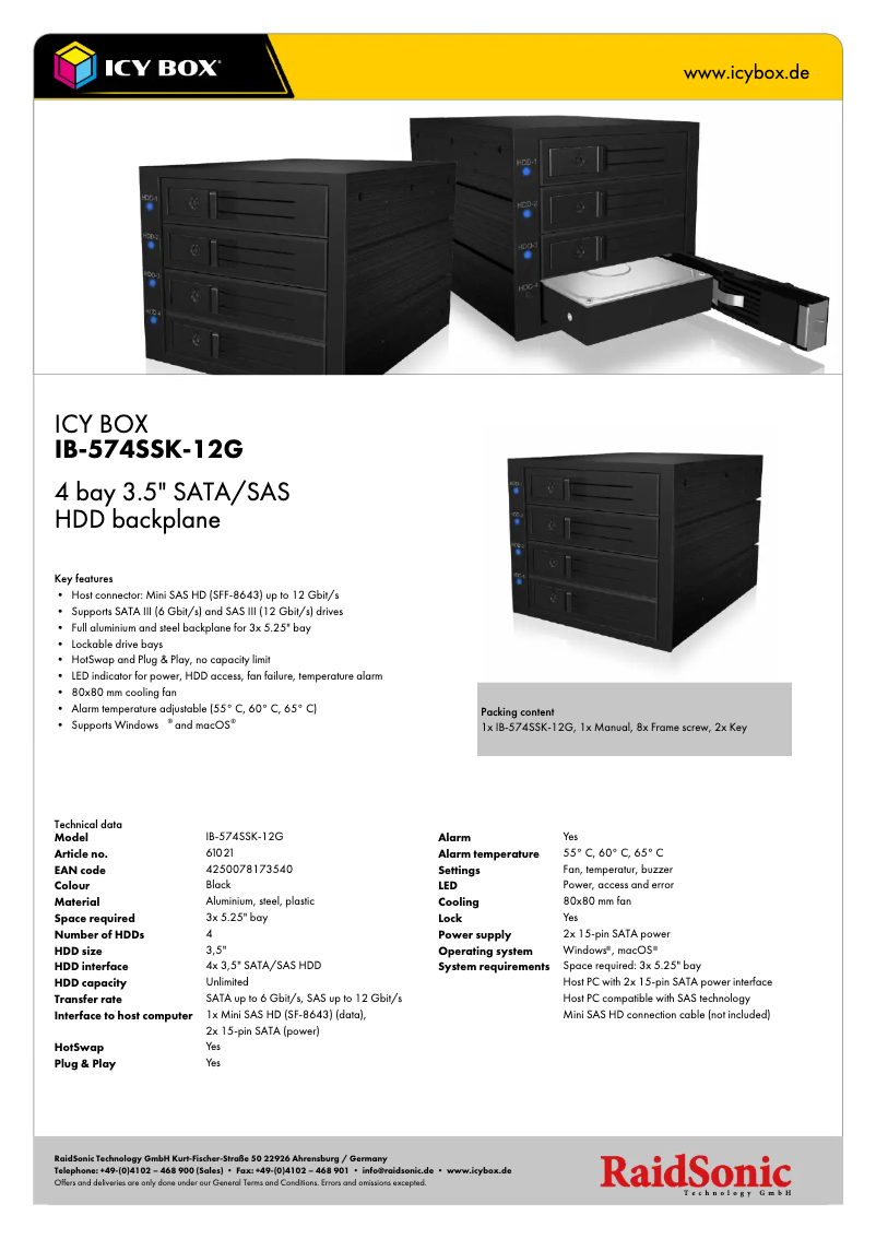 Page 1 de la notice Fiche technique Icy Box IB-574SSK-12G