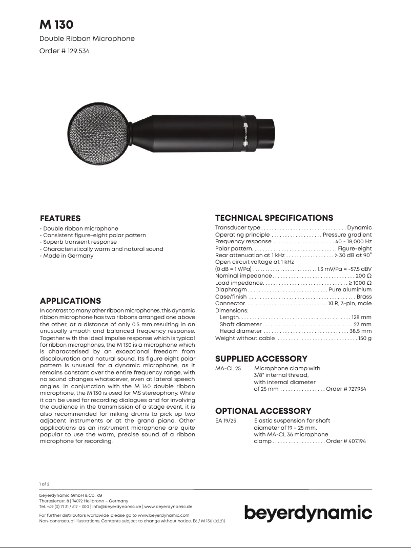 Page n°1 - Fiche technique Beyerdynamic M 130