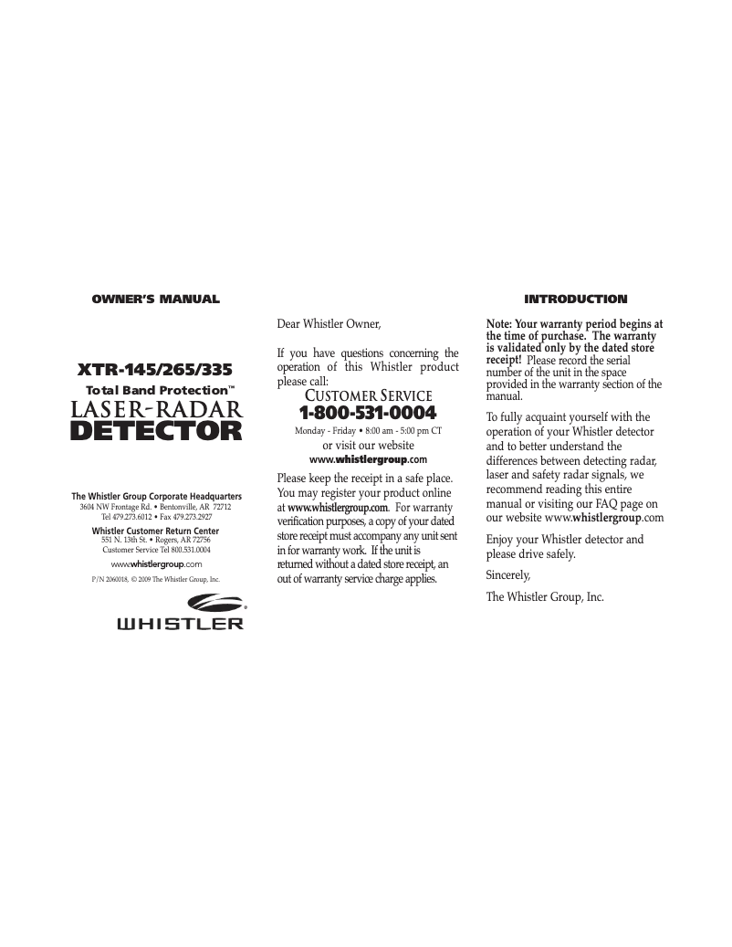 Page 1 de la notice Manuel utilisateur Whistler XTR-335