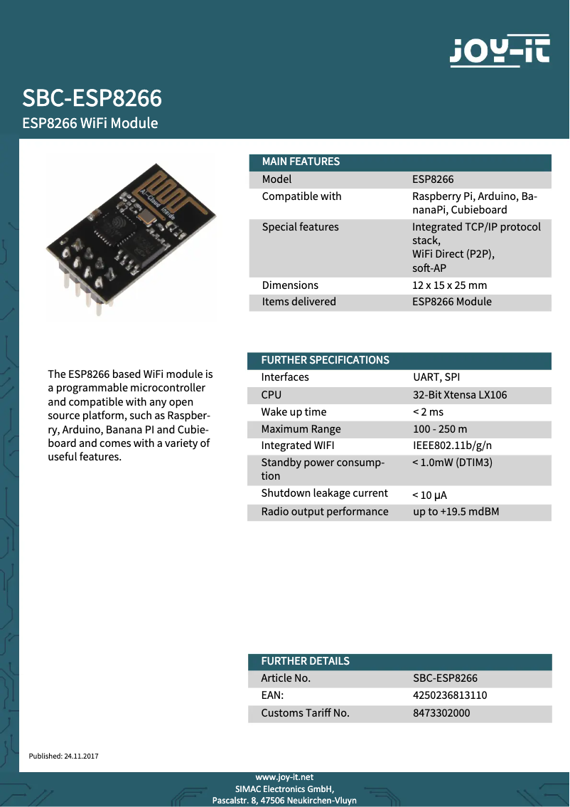 Page 1 de la notice Fiche technique Joy-It SBC-ESP8266