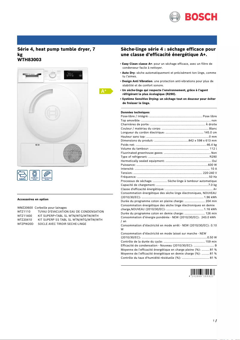 Page 1 de la notice Fiche technique Bosch WTH83003