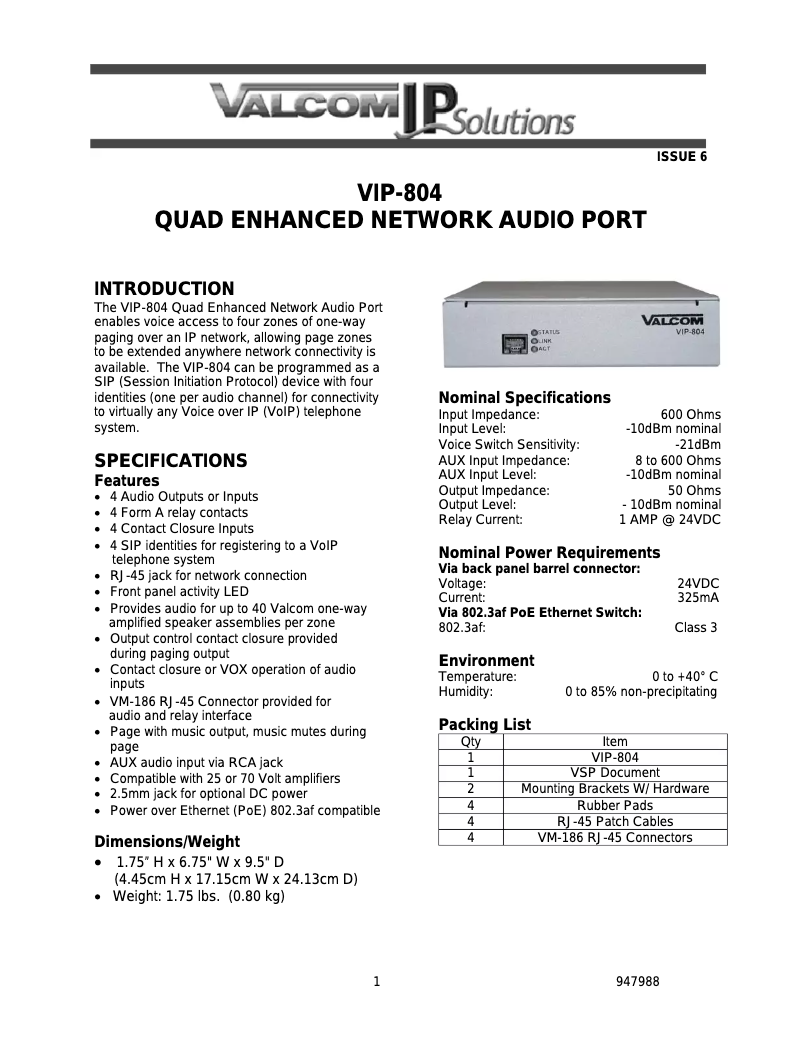 Page 1 de la notice Manuel utilisateur Valcom Audio Port VIP-804