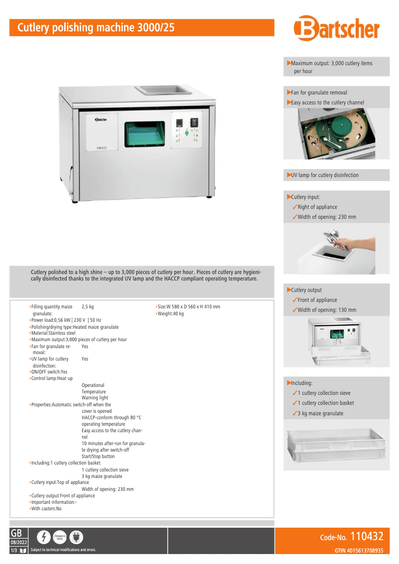 Page n°1 - Fiche technique Bartscher 110432