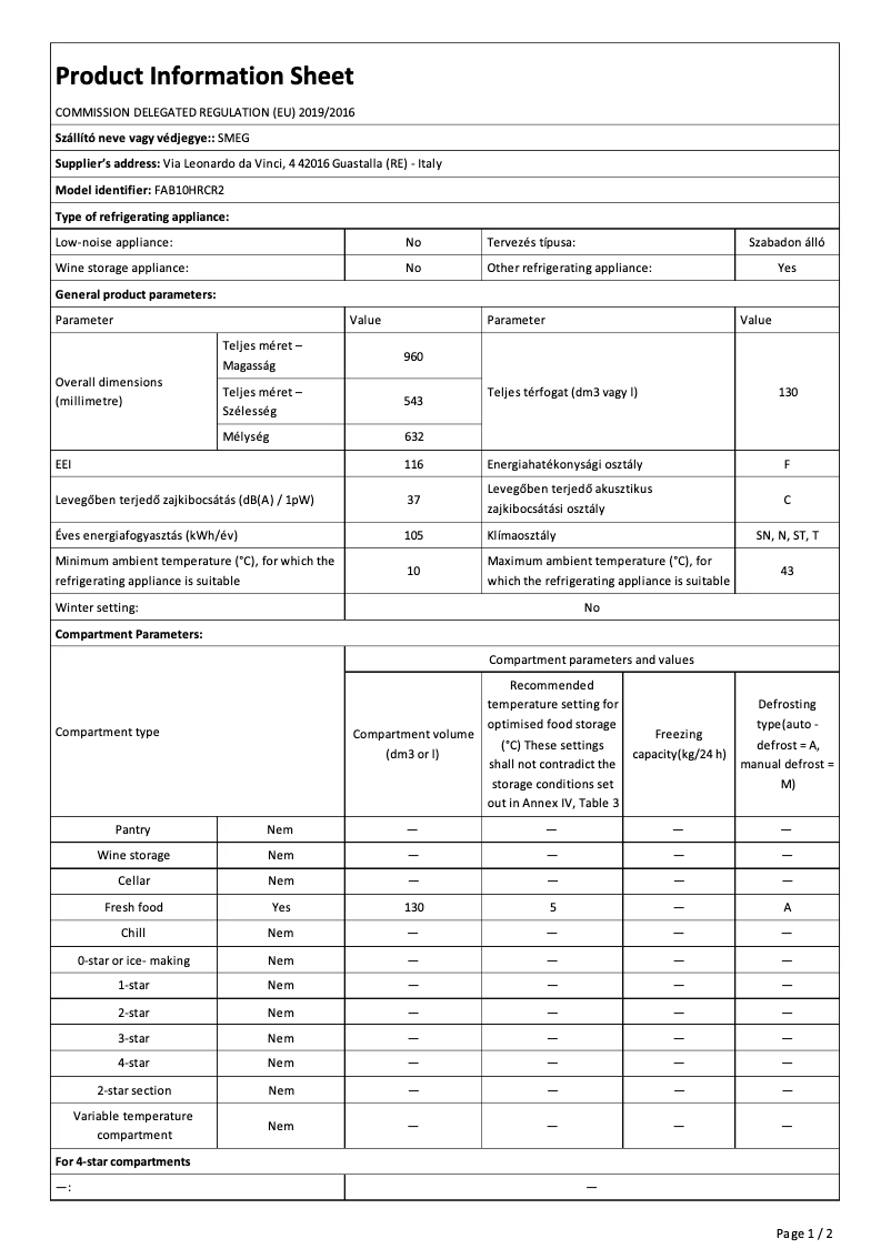 Page 1 de la notice Fiche technique Smeg FAB10HRCR2