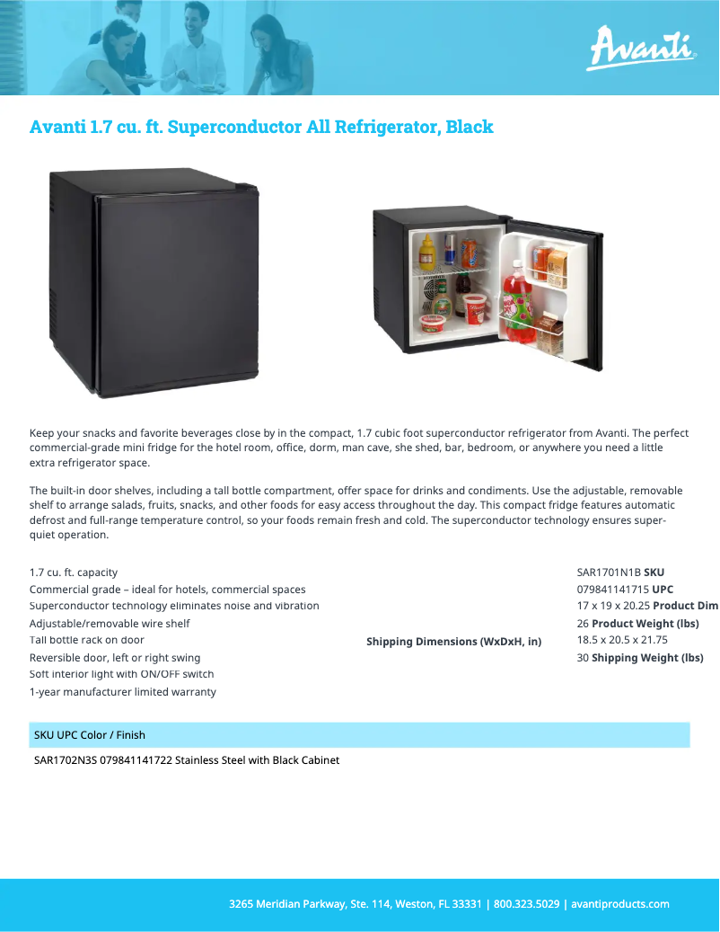 Page 1 de la notice Fiche technique Avanti SAR1701N1B