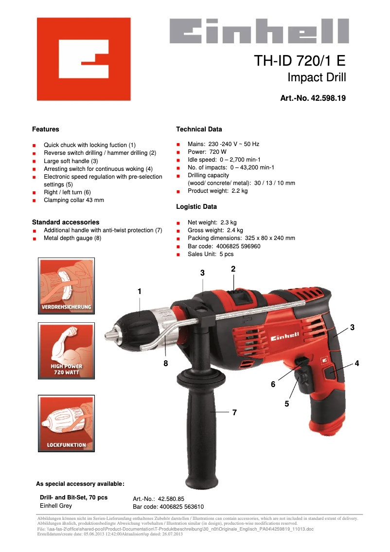 Page n°1 - Fiche technique Einhell TH-ID 720/1 E