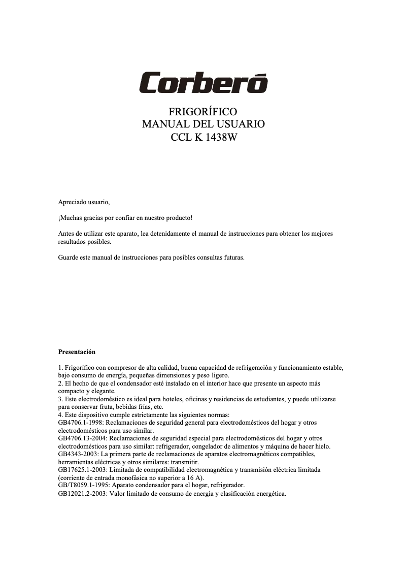 Page 1 de la notice Manuel utilisateur Corbero CCLK1438W