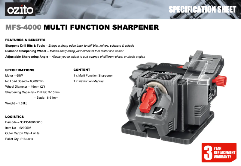 Página 1 del manual Ficha técnica Ozito MFS-4000