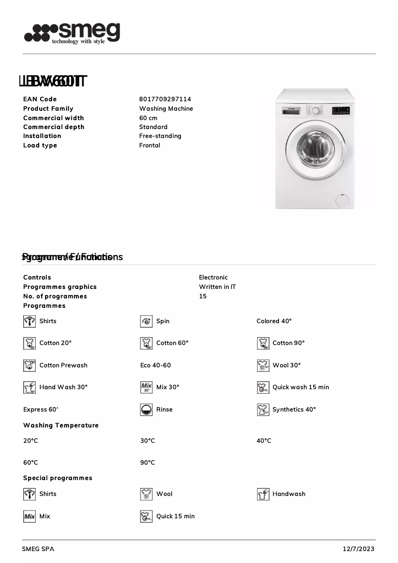 Page 1 de la notice Fiche technique Smeg LBW60IT