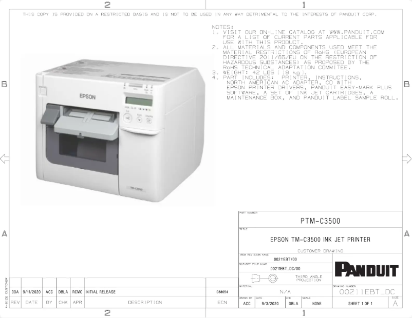 Page 1 de la notice Dessin technique Panduit PTM-C3500
