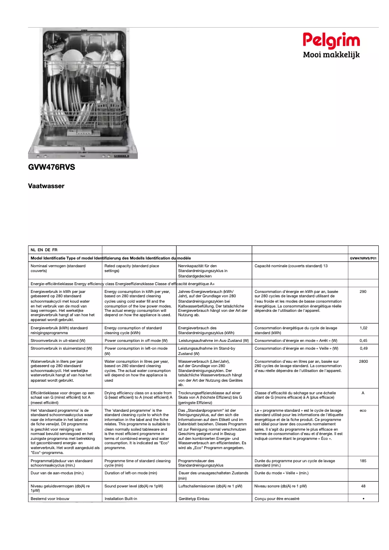 Page 1 de la notice Fiche technique Pelgrim GVW476RVS