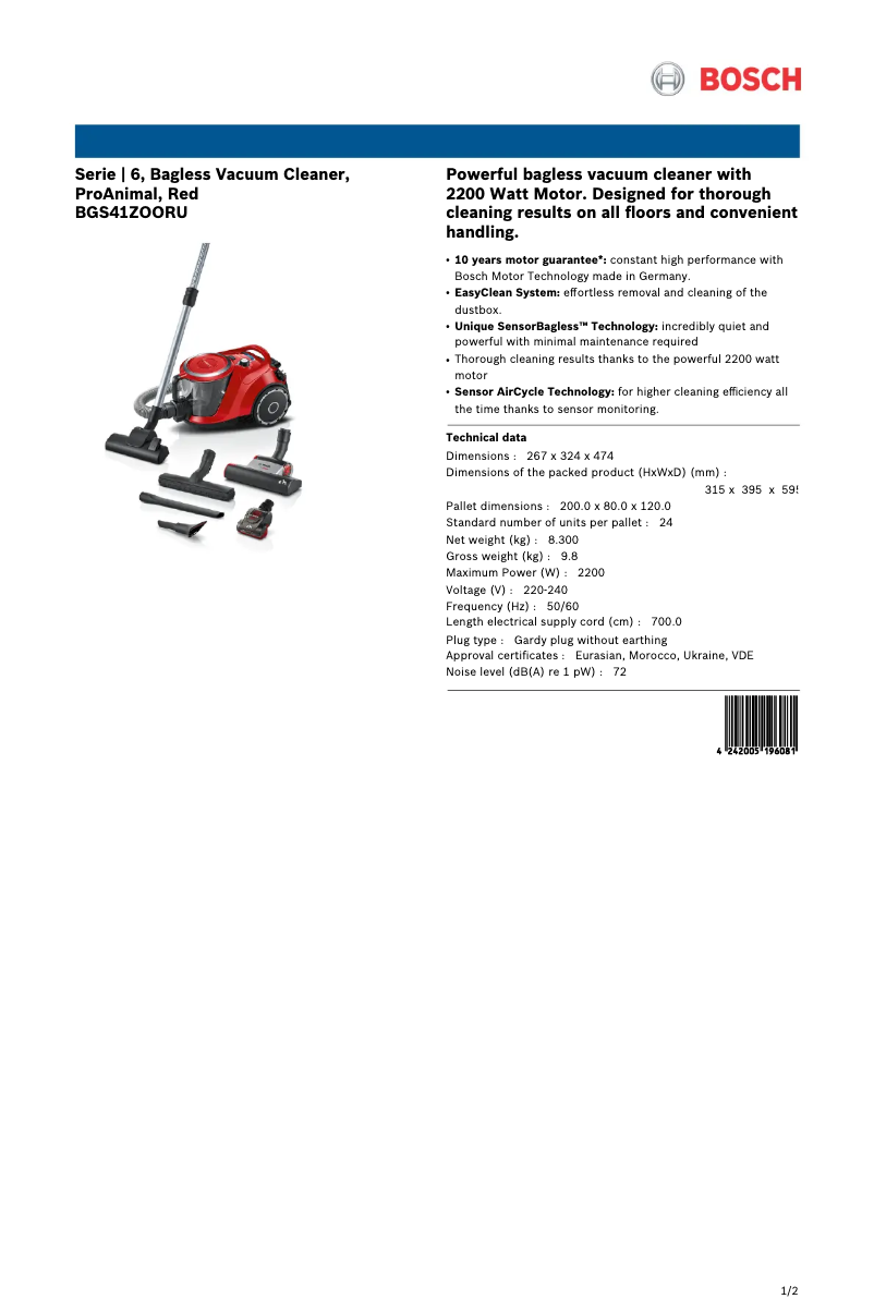 Page 1 de la notice Fiche technique Bosch BGS41ZOORU