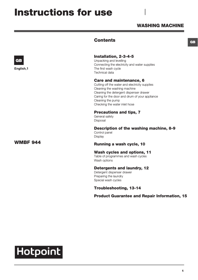 Page n°1 - Manuel utilisateur Hotpoint WMBF 944G UK