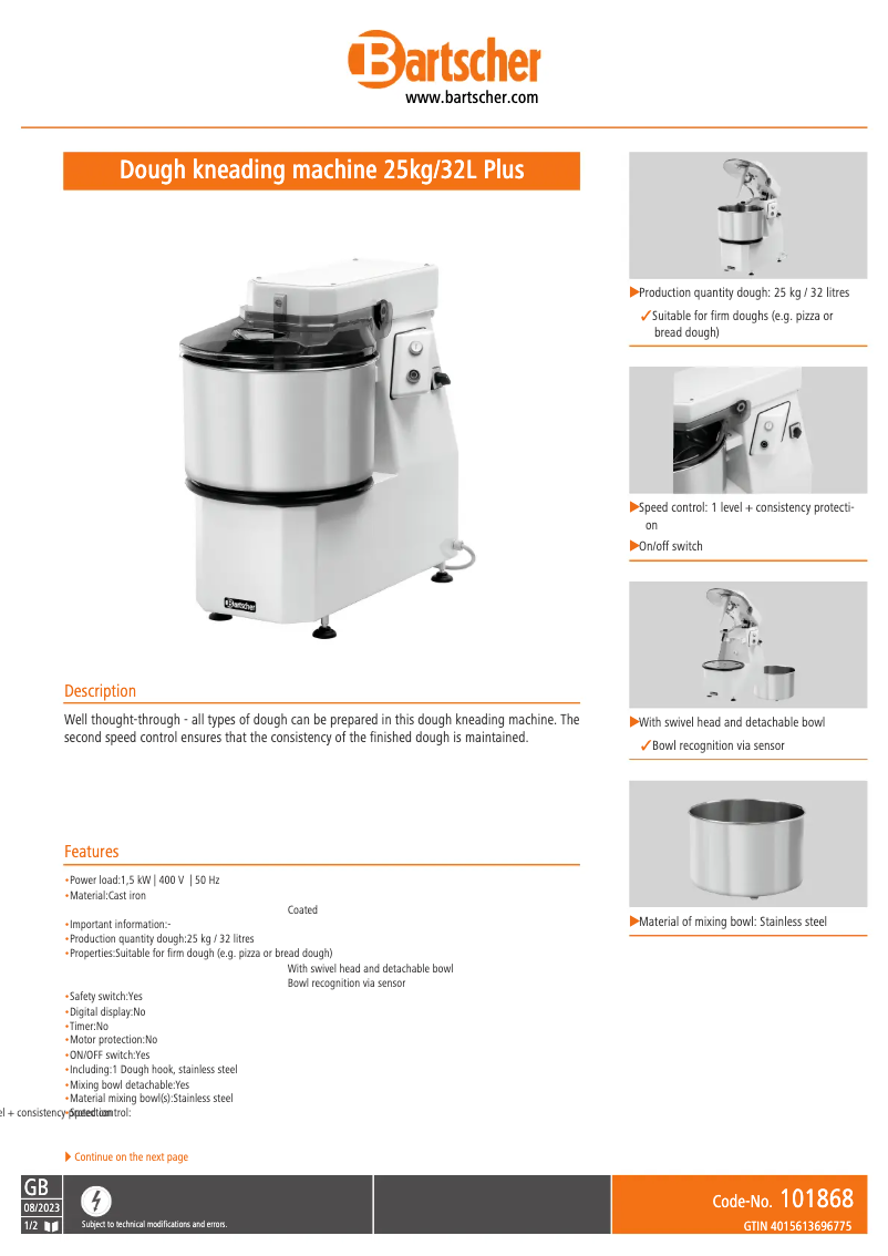 Page 1 de la notice Fiche technique Bartscher 101868
