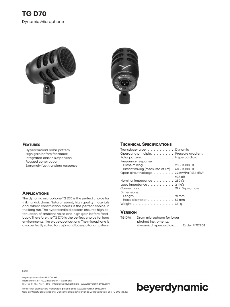 Page n°1 - Fiche technique Beyerdynamic TG D70