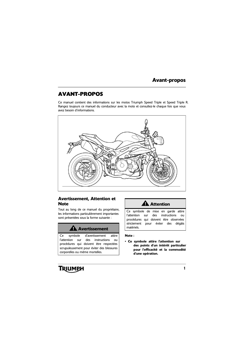 Page n°1 - Manuel utilisateur Triumph Speed Triple R (2012)