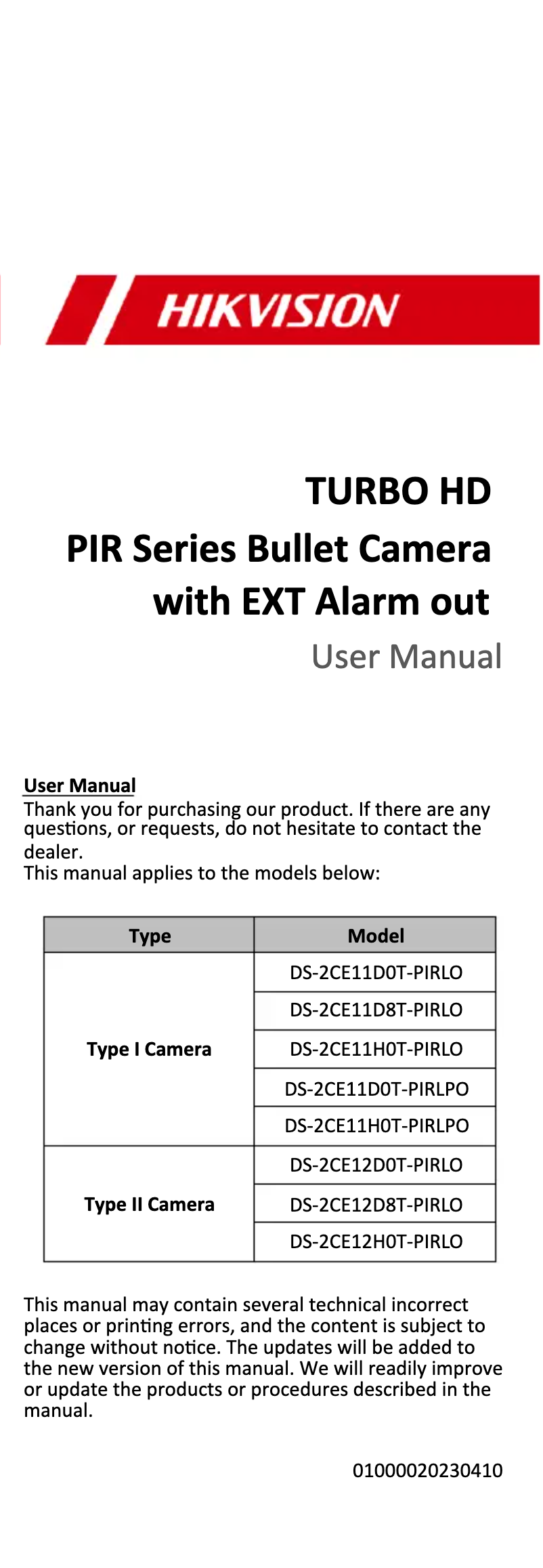Page 1 de la notice Manuel utilisateur Hikvision DS-2CE11D8T-PIRLO