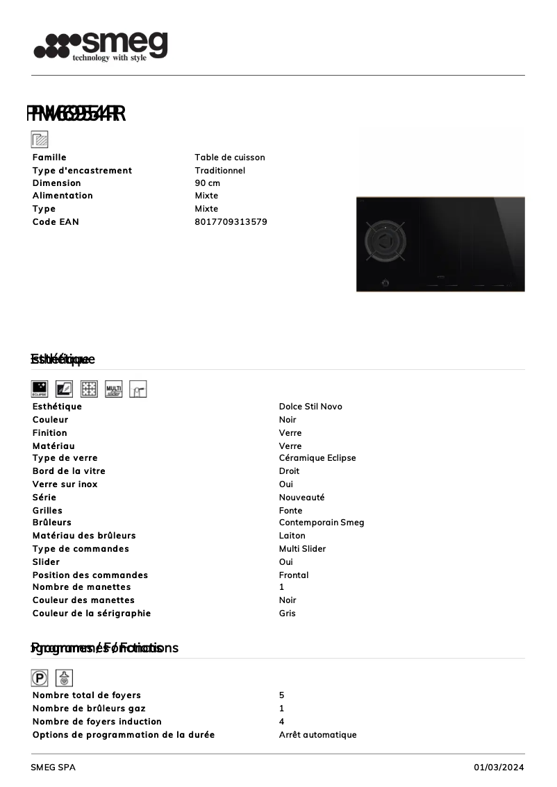 Page 1 de la notice Fiche technique Smeg PM6954R