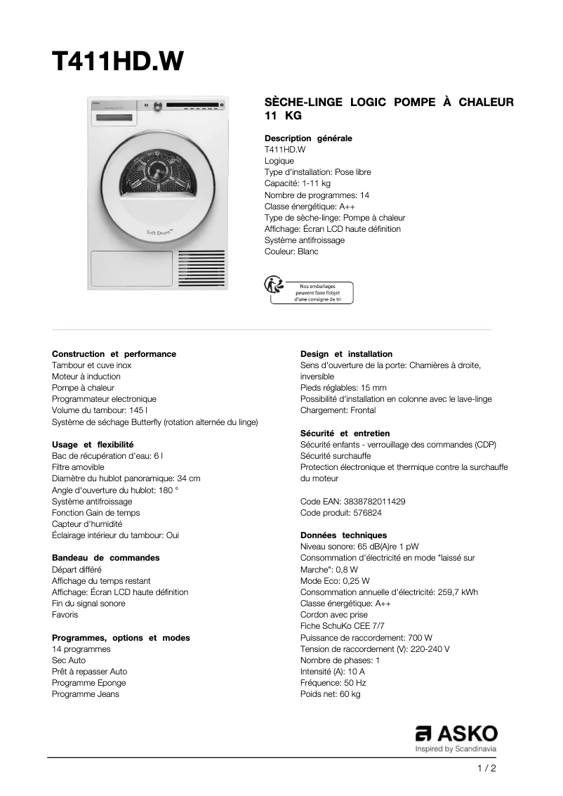 Page n°1 - Fiche technique Asko T411HD