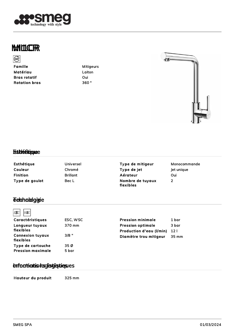 Page 1 de la notice Fiche technique Smeg MI1CR