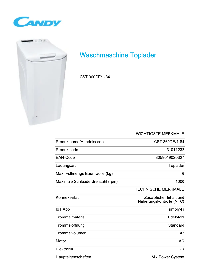 Page 1 de la notice Fiche technique Candy CST 360DE/1-84